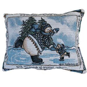 Winter Decorative Tapestry Throw Pillow Ice Skating Snowman Baby Bear Signed